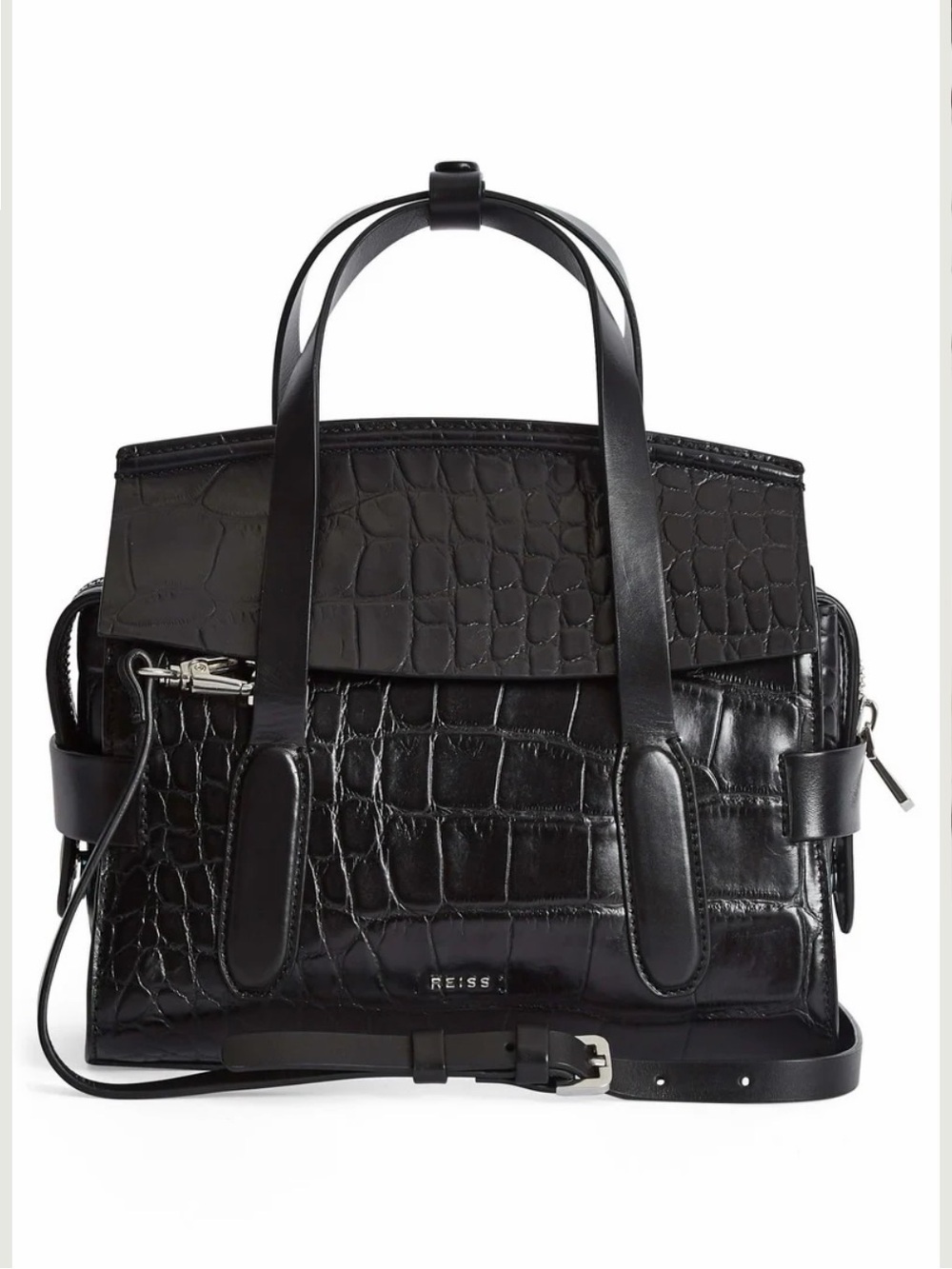 Reiss Black Croc-Embossed Leather Crossbody Satchel